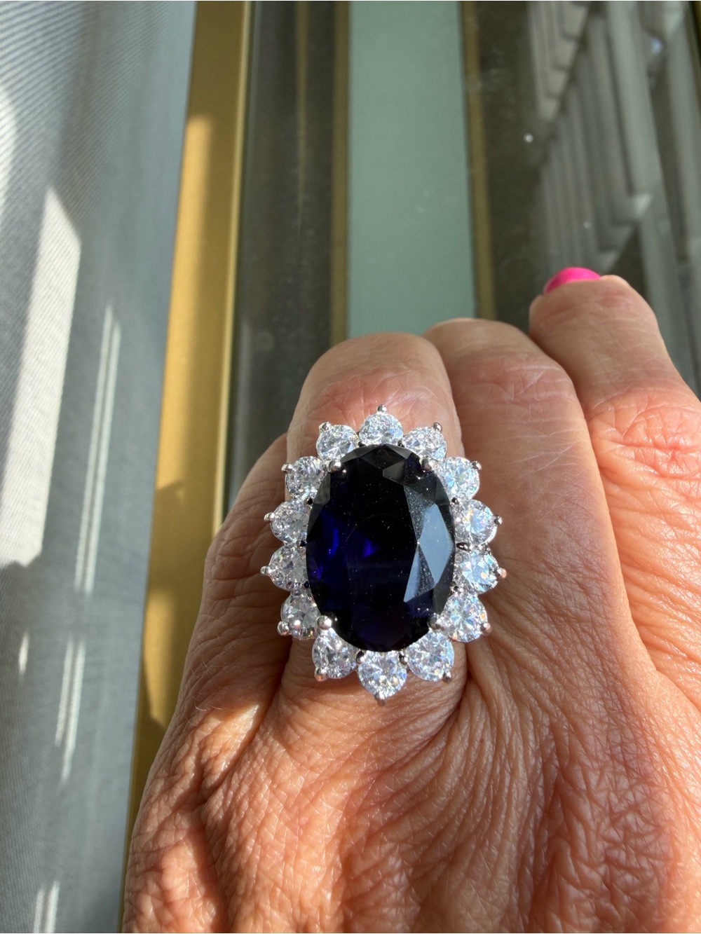 Kenneth Jay Lane Oval Synthetic Sapphire-Blue Crystal Halo Ring